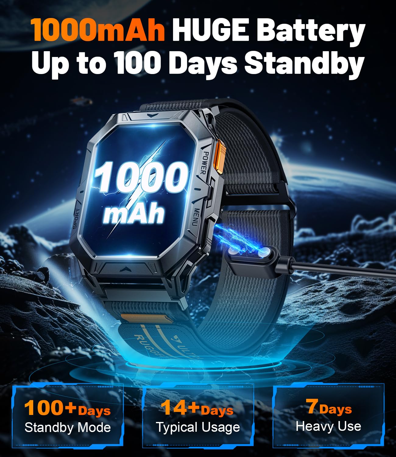 Hirreo Military Smart Watch For Men, 2.13 ' ' Amoled Display Smartwatch, 80 Days Long Battery, 100+ Sport Mode Fitness Tracker W